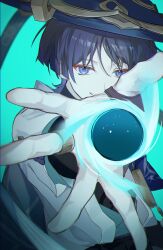 1boy aerokinesis aqua_background bishounen black_hole blue_eyes blue_hair blue_hat blunt_ends blurry chromatic_aberration close-up dark_blue_hair depth_of_field flipped_hair foreshortening genshin_impact hand_focus hat highres jacket jewelry light_smile magic male_focus open_hand ring scaramouche_(genshin_impact) short-sleeved_jacket short_hair short_sleeves simple_background solo teeth upper_body wamin wanderer_(genshin_impact) white_jacket wind wolf_cut