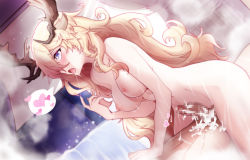 Rule 34 | 1boy, 1girl, absurdres, after vaginal, aftersex, animal ears, antlers, arknights, blonde hair, blush, breasts, censored, completely nude, cowgirl position, cum, cum in pussy, ddddecade, deer antlers, dutch angle, goat ears, goat girl, goat horns, hair over one eye, hand on another&#039;s stomach, heart, hetero, highres, horns, indoors, large breasts, long hair, looking at another, mosaic censoring, nipples, nude, open mouth, cum overflow, penis, purple eyes, solo focus, speech bubble, spoken heart, spread legs, steam, straddling, very long hair, viviana (arknights), window