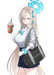 Rule 34 | 1girl, absurdres, asuna (blue archive), bag, black skirt, blue archive, blue bow, blue bowtie, blue eyes, blue halo, blue ribbon, blue scrunchie, blush, bow, bowtie, breasts, cleavage, cowboy shot, dori (choejeongmin7), drink, drinking straw, grin, hair ribbon, halo, highres, holding, holding drink, large breasts, light brown hair, long hair, pleated skirt, ribbon, school bag, scrunchie, simple background, skirt, smile, solo, white background, wrist scrunchie