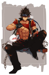 Rule 34 | 1boy, abs, armband, belt, blood, brown eyes, brown hair, chain, clothes lift, dungeon and fighter, f jun, headband, highres, lifted by self, looking at viewer, male brawler (dungeon and fighter), male fighter (dungeon and fighter), male focus, muscular, navel, nosebleed, parted lips, red shirt, scar, shirt, shirt lift, sitting, solo, spiked hair, torn clothes, vest, yaoi