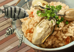 Rule 34 | absurdres, animal focus, bowl, chives, dated, fish, food, food focus, highres, no humans, original, oyster, rice, shadow, signature, steam, surreal, tainosuke, translation request