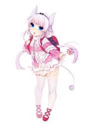 Rule 34 | 1girl, absurdres, artist name, backpack, bag, beads, black hairband, blue eyes, blunt bangs, candy, capelet, dragon girl, dragon horns, dragon tail, food, frilled capelet, frills, full body, gradient hair, hair beads, hair ornament, hairband, highres, horns, kanna kamui, kobayashi-san chi no maidragon, light purple hair, lollipop, long hair, looking at viewer, low twintails, minekohana, multicolored hair, open mouth, randoseru, red footwear, silver hair, solo, standing, tail, thighhighs, twintails, very long hair, white background, white thighhighs, zettai ryouiki
