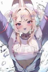 Rule 34 | 1girl, absurdres, animal ear fluff, animal ears, arms up, artist name, black bra, blonde hair, blush, bra, breasts, collar, colored tongue, dog ears, dog girl, fangs, german commentary, hair intakes, highres, indie virtual youtuber, looking at viewer, medium breasts, pink collar, purple eyes, purple tongue, see-through, shaoviie, short twintails, solo, sparkle, thick eyebrows, tongue, tongue out, twintails, underwear, upper body, virtual youtuber, white background