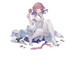Rule 34 | &gt; &lt;, 1girl, bare shoulders, blue eyes, blue necktie, bouquet, breasts, burnt clothes, closed mouth, clothing cutout, collar, convenient leg, d:, detached collar, dress, dx, earrings, flower, food, food on clothes, food on face, fork, full body, gingerbread man, girls&#039; frontline, gradient eyes, gradient hair, gun, handgun, high heels, highres, holding, holding fork, jewelry, large breasts, looking at viewer, medium hair, mp-443 (earthly desires) (girls&#039; frontline), mp-443 (girls&#039; frontline), mp-443 grach, multicolored eyes, multicolored hair, necktie, official alternate costume, official art, open mouth, orange eyes, pink hair, reeh (yukuri130), short necktie, simple background, sitting, smile, solo, thigh strap, thighhighs, third-party source, torn clothes, torn dress, torn footwear, transparent background, two-tone eyes, underboob, underboob cutout, weapon, weapon on floor, wedding dress, white collar, white dress, white footwear, white thighhighs