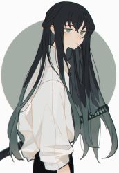 Rule 34 | 1boy, 5ya ngi, alternate hairstyle, arm at side, black hair, candy, circle, contemporary, cowboy shot, earrings, food, from side, green eyes, green hair, half updo, heart, heart earrings, highres, jewelry, katana, kimetsu no yaiba, lollipop, long hair, long sleeves, looking at viewer, looking to the side, male focus, mouth hold, shirt, solo, sweater, sword, tokitou muichirou, turtleneck, very long hair, weapon, white background, white shirt
