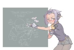 Rule 34 | 1girl, :&lt;, assault rifle, breasts, bullpup, carbine, chalkboard, clenched hand, commentary, english commentary, english text, forehead, glasses, gloves, gun, hair intakes, hair ribbon, hairband, hexagram, iwi tavor, jarv, light purple hair, looking at viewer, original, pantyhose, partially fingerless gloves, personification, red-framed eyewear, ribbon, rifle, semi-rimless eyewear, short shorts, short sleeves, shorts, small breasts, sniper rifle, solo, star of david, submachine gun, tapping, tomboy, under-rim eyewear, weapon, x95 (jarv), yellow eyes