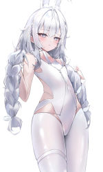 Rule 34 | 1girl, absurdres, animal ears, azur lane, bare arms, blush, braid, covered navel, cowboy shot, embarrassed, fake animal ears, flat chest, from below, grey eyes, hair ornament, highres, hisiya (wldn1112), le malin (azur lane), le malin (listless lapin) (azur lane), leotard, long hair, pantyhose, rabbit ears, sidelocks, simple background, solo, thighs, twin braids, white background, white leotard, white pantyhose, wrist cuffs, x hair ornament