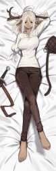 Rule 34 | 1girl, absurdres, ahoge, amputee, animal ears, antlers, arm up, artist name, barefoot, bed sheet, black pants, breasts, breasts apart, closed mouth, collarbone, commentary, commission, crossed legs, dakimakura (medium), dark-skinned female, dark skin, deer ears, deer girl, english commentary, from above, full body, green eyes, hair between eyes, highres, horns, large breasts, light smile, long hair, looking at viewer, lying, on back, original, pants, parted bangs, scabbard, sheath, sheathed, shirt, smile, solo, strap, sword, tostantan, weapon, white hair, white shirt