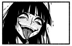 Rule 34 | 1girl, ahegao, bags under eyes, blue archive, blunt bangs, byackopath (artist), commentary request, cropped, furrowed brow, greyscale, houkago play, kurosaki rendou (style), long hair, look-alike, monochrome, nervous sweating, open mouth, parody, portrait, rolling eyes, saliva, simple background, smile, solo, style parody, sweat, textless version, tongue, tongue out, trembling, tsurugi (blue archive)