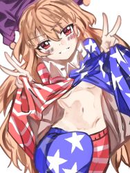 Rule 34 | 1girl, american flag, american flag legwear, american flag print, american flag shirt, blonde hair, blush, breasts, clothes lift, clownpiece, double v, dress, fairy, frilled shirt collar, frills, hat, highres, jester cap, leg up, leggings, long hair, looking at viewer, navel, neck ruff, no wings, print shirt, purple hat, red eyes, shirt lift, simple background, smile, solo, star (symbol), striped clothes, striped dress, sutaku77224, teasing, teeth, touhou, underboob, v, very long hair, white background