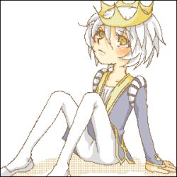 Rule 34 | 00s, 1boy, arm support, ballet, ballet slippers, blush, crown, lowres, male focus, mytho (princess tutu), mythos, oekaki, pantyhose, prince, princess tutu, short hair, sitting, solo, white hair, white pantyhose, yellow eyes