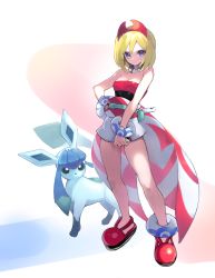 Rule 34 | absurdres, arm wrap, blonde hair, chung1000, creatures (company), eyebrow cut, eyelashes, forked tail, game freak, gen 4 pokemon, glaceon, highres, irida (pokemon), jewelry, knees, neck ring, nintendo, poke ball, poke ball (legends), pokemon, pokemon (creature), pokemon legends: arceus, red headwear, red shirt, shirt, short hair, shorts, strapless, strapless shirt, tail, waist cape, white shorts