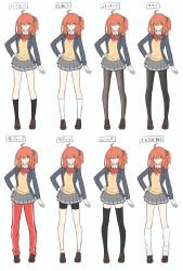Rule 34 | 1girl, bike shorts, black pantyhose, black socks, black thighhighs, blazer, blue jacket, cardigan, commentary request, fate/grand order, fate (series), fujimaru ritsuka (female), fujimaru ritsuka (female) (souya high school uniform), grey skirt, highres, jacket, neck ribbon, open clothes, open jacket, pants, pantyhose, partially translated, pleated skirt, red ribbon, red track suit, ribbon, school uniform, skirt, socks, thighhighs, track pants, translation request, tsukihime, tsukihime (remake), white socks, yellow cardigan, yukihara sbgd
