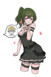Rule 34 | 1boy, 1girl, absurdres, arm strap, black choker, black dress, blowing kiss, breasts, choker, commentary request, cropped legs, dress, eyelashes, glasses, green hair, hand up, heart, highres, land (sousou no frieren), medium breasts, mo (mo80 rr), pleated dress, purple eyes, side ponytail, simple background, sousou no frieren, speech bubble, spoken character, suspenders hanging, thigh strap, ubel (sousou no frieren), white background