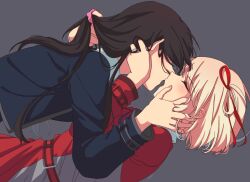 Rule 34 | black hair, blonde hair, blue dress, blush, closed eyes, commentary, couple, dress, english commentary, grey background, grey dress, hair behind ear, hair ribbon, hand in another&#039;s hair, hand on another&#039;s face, highres, imminent kiss, inoue takina, kuromahikaren, long hair, long sleeves, lycoris recoil, lycoris uniform, nishikigi chisato, open mouth, pink scrunchie, red dress, red ribbon, ribbon, scrunchie, short hair, sidelocks, simple background, tongue, upper body, yuri