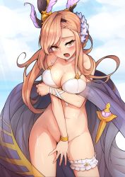 Rule 34 | 10s, 1girl, asymmetrical bangs, bikini, blush, bottomless, bracelet, breasts, bridal garter, brown eyes, brown hair, cleavage, collarbone, commentary, covering privates, covering crotch, cowboy shot, day, duplicate, granblue fantasy, hair ornament, has bad revision, has watermarked revision, hip focus, jewelry, large breasts, light rays, long hair, looking at viewer, navel, open mouth, outdoors, revision, shawl, sidelocks, solo, sunbeam, sunlight, swimsuit, teeth, thighs, tweyen (granblue fantasy), waero, white bikini