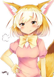 Rule 34 | 10s, 1girl, puff of air, animal ears, blonde hair, blush, bow, bowtie, fennec (kemono friends), fox ears, fox tail, fur trim, highres, kemono friends, looking at viewer, marker (medium), pink sweater, puffy short sleeves, puffy sleeves, short-sleeved sweater, short hair, short sleeves, sigh, signature, smile, solo, sweater, sylphine, tail, traditional media, upper body, white background, yellow bow, yellow bowtie, yellow eyes