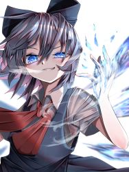 Rule 34 | 1girl, ;d, blouse, blue dress, blue eyes, blue hair, blue ribbon, bow, cirno, doyagao, dress, fighting, frozen, hair bow, hand up, highres, ice, ice wings, looking at viewer, one eye closed, open mouth, red bow, ribbon, shirt, short hair, short sleeves, simple background, smile, smug, solo, touhou, tsune (tune), upper body, white background, white shirt, wing collar, wings