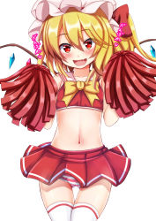 Rule 34 | 1girl, blonde hair, blush, cheerleader, ebi 193, fang, flandre scarlet, hat, looking at viewer, midriff, navel, open mouth, panties, pantyshot, pom pom (cheerleading), red eyes, side ponytail, simple background, skirt, smile, solo, stomach, striped clothes, striped panties, thighhighs, touhou, translated, underwear, upskirt, white background, white thighhighs, wings, zettai ryouiki