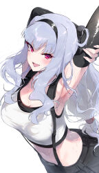 Rule 34 | 1girl, absurdres, alternate costume, armpits, arms up, black gloves, black hairband, black skirt, blush, breasts, cosplay, cropped shirt, elbow gloves, final fantasy, final fantasy vii, final fantasy vii remake, fingerless gloves, gloves, grey hair, hairband, highres, idolmaster, idolmaster (classic), idolmaster million live!, large breasts, long hair, looking at viewer, low-tied long hair, midnamana, pink eyes, shijou takane, shirt, simple background, skirt, sleeveless, smile, solo, stretching, suspenders, sweat, tifa lockhart, tifa lockhart (cosplay), white background, white shirt