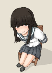 Rule 34 | 1girl, black footwear, black hair, blunt bangs, brown eyes, chagamaka, chair, collared shirt, from above, full body, grey background, grey sailor collar, grey skirt, hatsuyuki (kancolle), highres, hime cut, kantai collection, loafers, long hair, looking at viewer, neckerchief, pleated skirt, sailor collar, school uniform, serafuku, shirt, shoes, simple background, sitting, skirt, solo, upper body