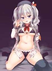Rule 34 | 10s, 1girl, black bra, black panties, black socks, blue eyes, blush, bra, breasts, cleavage, commentary request, frilled panties, frills, gloves, unworn gloves, hat, heavy breathing, highres, kantai collection, kashima (kancolle), lace, lace-trimmed bra, lace trim, large breasts, long hair, navel, off shoulder, open clothes, open shirt, panties, pussy juice stain, saliva, sexually suggestive, shirt, side-tie panties, silver hair, sitting, socks, solo, two side up, underwear, wariza, white gloves, yuzu modoki