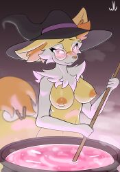 Rule 34 | 1girl, absurdres, animal ear fluff, animal ears, animal nose, artist name, black-framed eyewear, black hat, blush, body fur, braixen, breasts, cauldron, completely nude, creatures (company), ears through headwear, female focus, fox ears, fox girl, fox tail, furry, furry female, game freak, gen 6 pokemon, glasses, gradient background, half-closed eyes, happy, hat, heart, heart-shaped pupils, highres, holding, holding stick, looking at viewer, medium breasts, navel, neck fur, nintendo, nipples, nose blush, nude, parted lips, pince-nez, pokemon, pokemon (creature), raised eyebrows, red eyes, round eyewear, signature, simple background, smile, snout, solo, standing, steam, stick, sweat, symbol-shaped pupils, tail, teeth, two-tone fur, underlighting, upper body, white fur, whitev, witch, witch hat, yellow fur