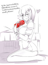Rule 34 | 1girl, blush, breasts, butter-t, can, female focus, hair ornament, heart, large breasts, legs, monochrome, one eye closed, open mouth, original, panties, seiza, short hair, sitting, smile, solo, spot color, striped clothes, striped panties, tenga, text focus, thai text, translated, underwear, wink