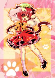 Rule 34 | 1girl, aimai (artist), animal ears, bad id, bad pixiv id, brown eyes, brown hair, cat ears, cat girl, cat tail, chen, earrings, female focus, hat, jewelry, manabu, multiple tails, paw pose, paw print, short hair, solo, tail, touhou
