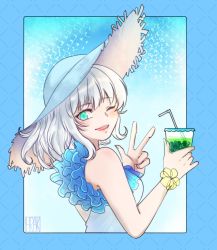 Rule 34 | 1girl, alternate costume, blue eyes, blue hat, breasts, commentary, cup, drinking straw, english commentary, from side, hat, highres, holding, holding cup, hyiro leporis (artist), kamishiro rita, medium breasts, one eye closed, prism project, short hair, silver hair, smile, solo, sun hat, v, virtual youtuber