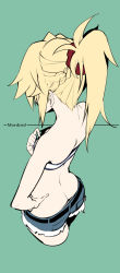 Rule 34 | 1girl, ass, bare back, blonde hair, braid, breasts, character name, cropped legs, facing away, fate/apocrypha, fate (series), french braid, from above, hand on own hip, highres, looking down, mordred (fate), mordred (fate/apocrypha), mordred (memories at trifas) (fate), ponytail, red scrunchie, scrunchie, shoulder blades, small breasts, solo, takatun223, top pull