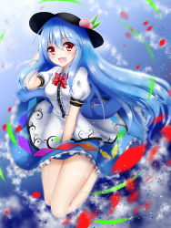 Rule 34 | 1girl, blue hair, food, fruit, hat, highres, hinanawi tenshi, long hair, md5 mismatch, open mouth, peach, petals, red eyes, sash, skirt hold, solo, touhou, very long hair, wind, ymd (artist)