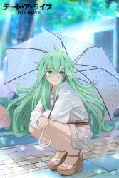 Rule 34 | 1girl, absurdres, blush, copyright name, date a live, filosored, full body, green eyes, green hair, high heels, highres, light rays, long hair, long sleeves, looking at viewer, natsumi (date a live), pavement, polka dot, polka dot umbrella, shorts, smile, squatting, thighs, umbrella