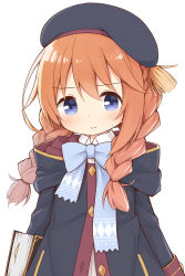 Rule 34 | 1girl, ayanepuna, beret, black coat, black hat, blue bow, blue eyes, blush, book, bow, braid, brown hair, closed mouth, coat, collared dress, commentary request, dress, hair between eyes, hair over shoulder, hat, highres, hood, hood down, hooded coat, long hair, long sleeves, looking at viewer, princess connect!, simple background, solo, sweat, twin braids, wavy mouth, white background, white dress, yuni (princess connect!)
