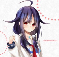 Rule 34 | 10s, 1girl, ahoge, apron, bad id, bad pixiv id, highres, jewelry, kantai collection, kappougi, long hair, looking at viewer, magatama, neckerchief, necklace, purple hair, red eyes, sailor collar, smile, solo, taigei (kancolle), twintails, twitter username, upper body, yamine kuro