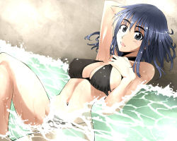 Rule 34 | 00s, 1girl, arm behind back, arm up, armpits, beach, bikini, black bikini, black eyes, blue hair, breasts, cleavage, cosaten, covered erect nipples, curvy, eyebrows, hand on own chest, large breasts, leg up, lying, navel, on back, school rumble, short hair, solo, submerged, suou mikoto (school rumble), swimsuit, water, waves, wet