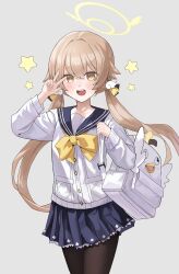 Rule 34 | 1girl, absurdres, backpack, bag, black pantyhose, blue archive, blue sailor collar, blue skirt, blush, bow, brown eyes, brown hair, grey background, hae zu, halo, hifumi (blue archive), highres, long hair, open mouth, pantyhose, pleated skirt, sailor collar, school uniform, simple background, skirt, smile, solo, standing, star (symbol), teeth, tongue, twintails, upper teeth only, very long hair, white bag, yellow bow