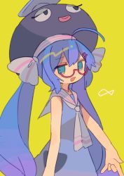 Rule 34 | 1girl, :d, ahoge, animal hat, arm at side, ascot, bad id, bad tumblr id, bare arms, bare shoulders, blue dress, blue eyes, blue hair, daizu (melon-lemon), dot nose, dress, eel hat, eyes visible through hair, fang, furrowed brow, glasses, green background, grey ascot, grey ribbon, grey sailor collar, hair between eyes, hair ornament, hairclip, hat, hat ribbon, highres, jitome, long hair, looking at viewer, looking to the side, low twintails, m/, mortarboard, open mouth, otomachi una, otomachi una (talkex), pink-framed eyewear, ribbon, sailor collar, sailor dress, semi-rimless eyewear, sidelocks, simple background, skin fang, sleeveless, sleeveless dress, smile, solo, standing, twintails, two-tone neckwear, two-tone ribbon, under-rim eyewear, upper body, very long hair, vocaloid, yellow background