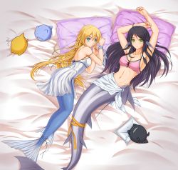 Rule 34 | 2girls, aqua eyes, armpits, arms up, bare shoulders, bed sheet, black hair, blonde hair, blue tail, fins, green eyes, grey tail, head fins, highres, long hair, looking at viewer, lying, mermaid, midnight (banyex), monster girl, multiple girls, on back, on bed, on side, original, pajamas, pillow, tail