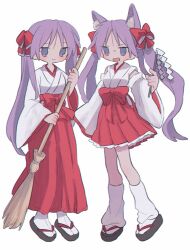 Rule 34 | 2girls, animal ear fluff, animal ears, blue eyes, bow, breasts, broom, cat ears, closed mouth, commentary, detached sleeves, dual persona, front bow, full body, gohei, hair bow, hair over shoulder, hakama, hand up, highres, hiiragi kagami, holding, holding broom, holding gohei, japanese clothes, kimono, light blush, long hair, long skirt, long sleeves, looking at viewer, loose socks, lucky star, medium breasts, miko, multiple girls, no pupils, nontraditional miko, open mouth, parted bangs, purple hair, red bow, red hakama, ri (qrcode), sandals, simple background, skirt, sleeveless, sleeveless kimono, sleeves past fingers, sleeves past wrists, smile, socks, standing, straight hair, symbol-only commentary, tabi, tsurime, twintails, v-shaped eyebrows, very long hair, wavy mouth, white background, white kimono, white socks, wide sleeves, zouri