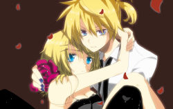 Rule 34 | 1boy, 1girl, blonde hair, blue eyes, breasts, brother and sister, cleavage, flower, hair ornament, hairclip, holding, kagamine len, kagamine rin, marirero a, petals, rose, short hair, siblings, twins, vocaloid