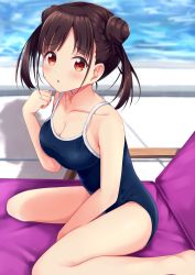 Rule 34 | 1girl, :o, absurdres, bare shoulders, between legs, blue one-piece swimsuit, blush, breasts, brown eyes, brown hair, chair, cleavage, collarbone, commentary request, competition school swimsuit, day, hand between legs, hand up, highres, idolmaster, idolmaster shiny colors, large breasts, looking at viewer, lounge chair, medium breasts, miso (misomiso 154), new school swimsuit, one-piece swimsuit, outdoors, pool, red eyes, school swimsuit, short twintails, sitting, solo, sonoda chiyoko, swimsuit, twintails, wariza