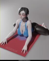 Rule 34 | 1girl, 3d, animated, ass, black hair, bodypaint, breasts, colored skin, curvy, grey eyes, grey skin, highres, large breasts, looking at viewer, lying, nintendo, nipples, nude, on floor, on stomach, painted clothes, pale skin, ponytail, rushzilla, solo, spread legs, thick thighs, thighs, video, white skin, wii fit, wii fit trainer, yoga, yoga mat
