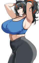 1girl arms_up ass black_hair breasts hella_p highres huge_ass huge_breasts multicolored_hair pants ponytail red_hair sports_bra two-tone_hair yoga_pants zenless_zone_zero zhu_yuan