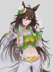 Rule 34 | 1girl, ahoge, animal ears, blue eyes, blush, bow, brown hair, choker, commentary, cowboy shot, crop top, cropped jacket, green bow, green shirt, grey background, hair between eyes, hair ornament, hairclip, hands up, hat, hat bow, highres, horse ears, izuky (izz qt), jacket, long hair, long sleeves, looking at viewer, midriff, mini hat, mini top hat, mr. c.b. (umamusume), navel, pants, parted lips, shirt, simple background, single sleeve, solo, standing, stomach, strapless, strapless shirt, top hat, umamusume, very long hair, white hat, white jacket, white pants, wrist cuffs, yellow choker