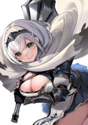 Rule 34 | 1girl, armor, belt, black gloves, blush, braid, breasts, brown belt, cape, cleavage, cleavage cutout, closed mouth, clothing cutout, commentary request, crossed bangs, dokkumaa, duplicate, fingerless gloves, gloves, green eyes, hair between eyes, hammer, holding, holding hammer, hololive, large breasts, leather belt, looking at viewer, miniskirt, pelvic curtain, pixel-perfect duplicate, pleated skirt, shirogane noel, shirogane noel (1st costume), short hair, simple background, skirt, smile, solo, tiara, virtual youtuber, white background, white cape, white hair