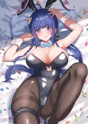 Rule 34 | 1girl, :q, ahoge, animal ears, arm up, armpits, assault lily, bare arms, bare shoulders, bed sheet, black footwear, black leotard, blue bow, blue bowtie, blue eyes, blue hair, blunt bangs, blush, bow, bowtie, braid, breasts, brown pantyhose, cleavage, closed mouth, commentary request, confetti, cowboy shot, crescent, crescent hair ornament, cutout above navel, detached collar, fake animal ears, hair ornament, hand on own head, hand up, heterochromia, highleg, highleg leotard, highres, houji tea latte, knee up, large breasts, leotard, long hair, looking at viewer, low ponytail, lying, on back, pantyhose, pillow, playboy bunny, ponytail, purple eyes, rabbit ears, shade, shoes, side braids, skindentation, smile, solo, strapless, strapless leotard, tetsukawa toa, thigh strap, thighband pantyhose, tongue, tongue out, twin braids, very long hair, wrist cuffs