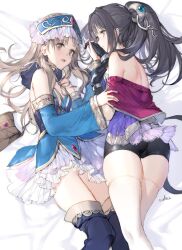 Rule 34 | 2girls, atelier (series), atelier totori, back, bare back, bed, black hair, blue sleeves, boots, brown eyes, cameltoe, detached sleeves, grey hair, highres, long hair, lying, mimi houllier von schwarzlang, multiple girls, panties, pantyshot, shiny clothes, shiny skin, short shorts, shorts, smile, swd3e2, thigh boots, thighhighs, totooria helmold, underwear, yuri