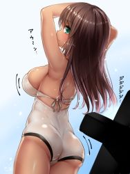 Rule 34 | 1girl, alice gear aegis, ass, blush, breasts, dark-skinned female, dark skin, doyouwantto, from behind, green eyes, kaneshiya sitara, large breasts, long hair, looking at viewer, looking back, one-piece swimsuit, shiny skin, solo, swimsuit, white one-piece swimsuit