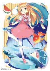 Rule 34 | 1girl, amiami (company), amico, artist name, fish, food, fruit, fue (tsuzuku), full body, goldfish, green eyes, hair ornament, highres, long hair, looking at viewer, official art, open mouth, orange hair, pink footwear, pink sailor collar, pink skirt, sailor collar, school uniform, serafuku, shirt, skirt, solo, suspender skirt, suspenders, thighhighs, watermelon, white shirt, white thighhighs, wind chime